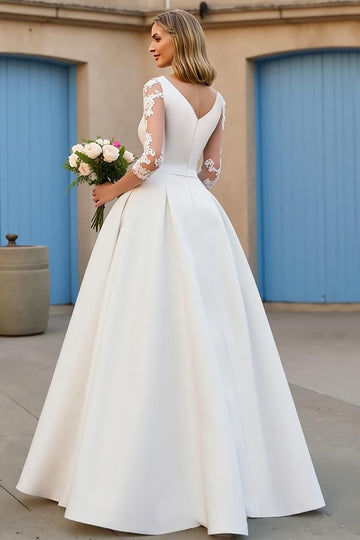 Ivory Court Train Satin A Line V-Neck Wedding Dress with Lace Appliques